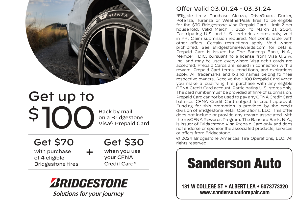 Bridgestone Promo | Sanderson Auto Repair